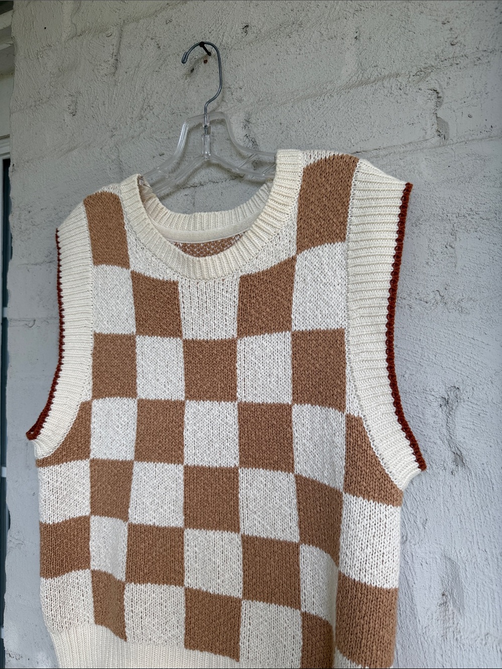 Anthropologie Maeve Checkerboard Knit Sweater Vest in Cream/Tan Size XS - Picture 12 of 13